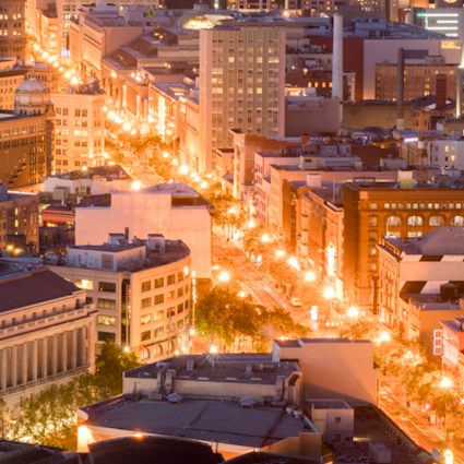 aerial of Mid Market Street in San Francisco illuminated at night
