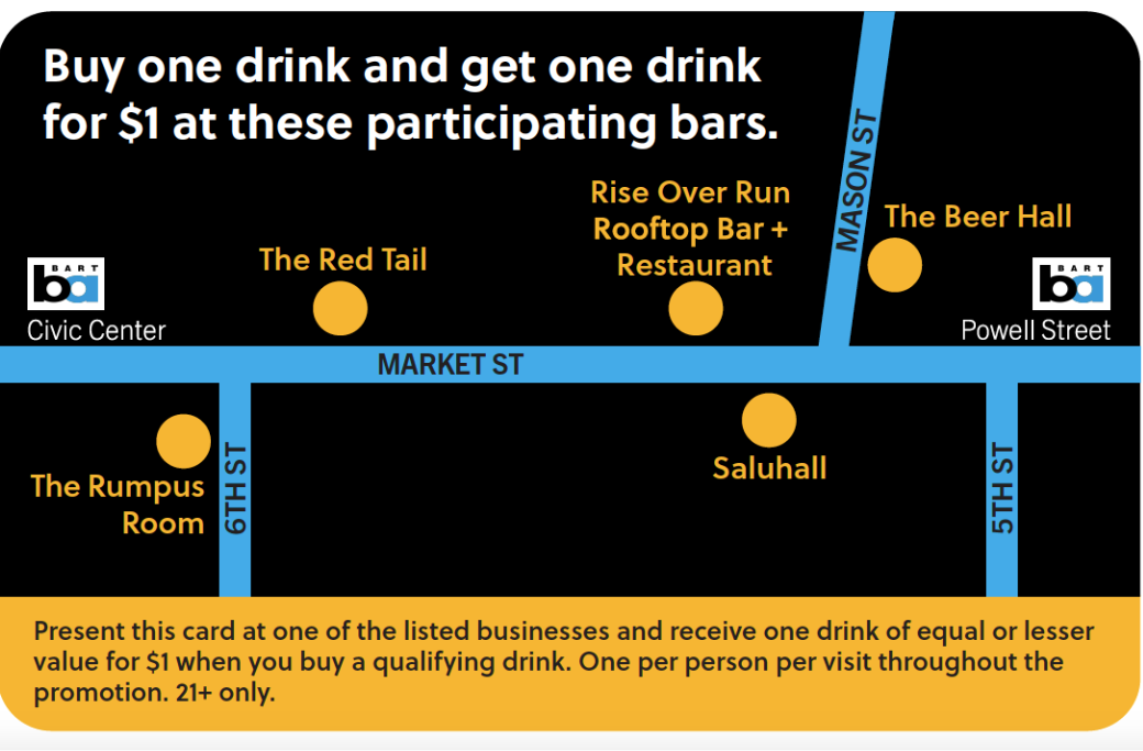 back of the Mid Market Drink card show map of locations